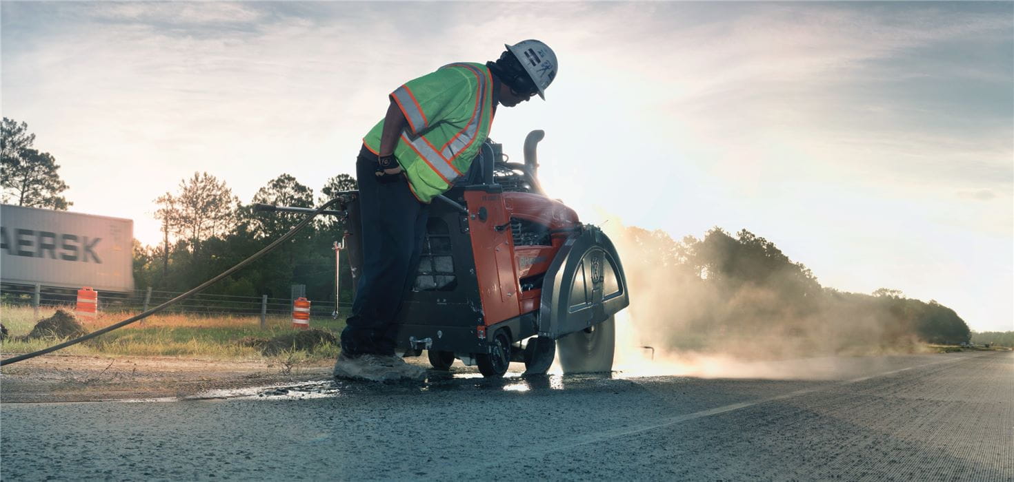 Husqvarna walk-behind floor saws in versions from small gas-powered push concrete saws to large self-propelled diesel road saws