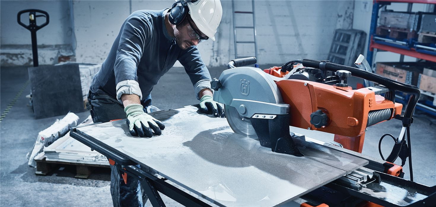 Husqvarna long life diamond blades enable efficient precision wet tile sawing both wet and dry.