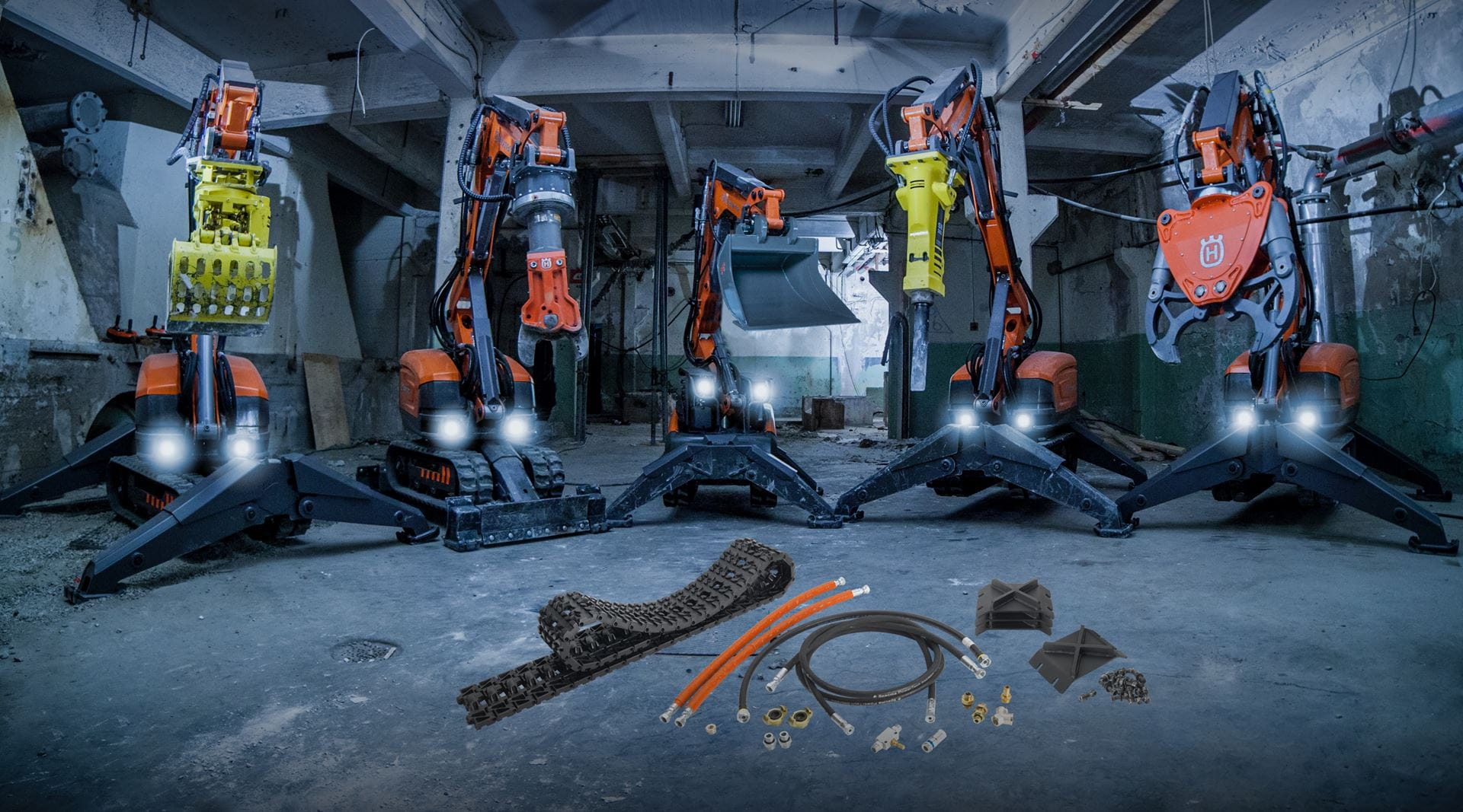 Remote demolition robots from Husqvarna equipped with interchangeable tools for great utility.